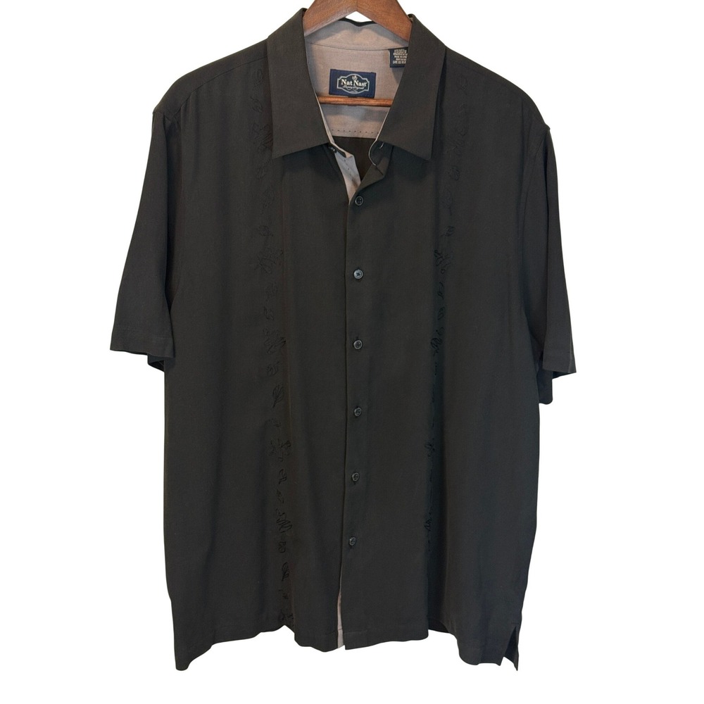 Nat Nast Luxury Black 100% Silk Cotton Button Up Shirt Embroidered Leave Size XL